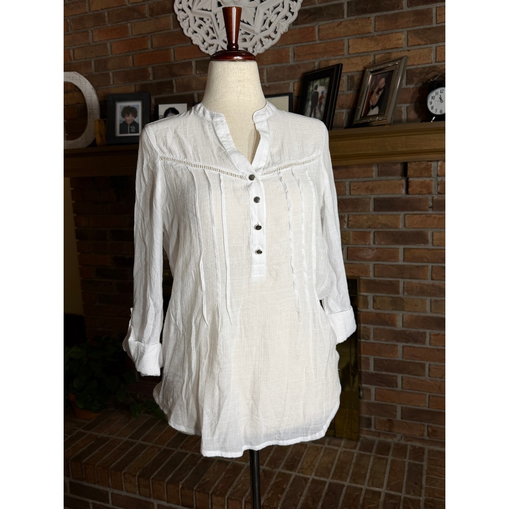 Cocomo Tunic Top Women White Pintuck Pleated Crochet Lace Roll Tab Sleeve M